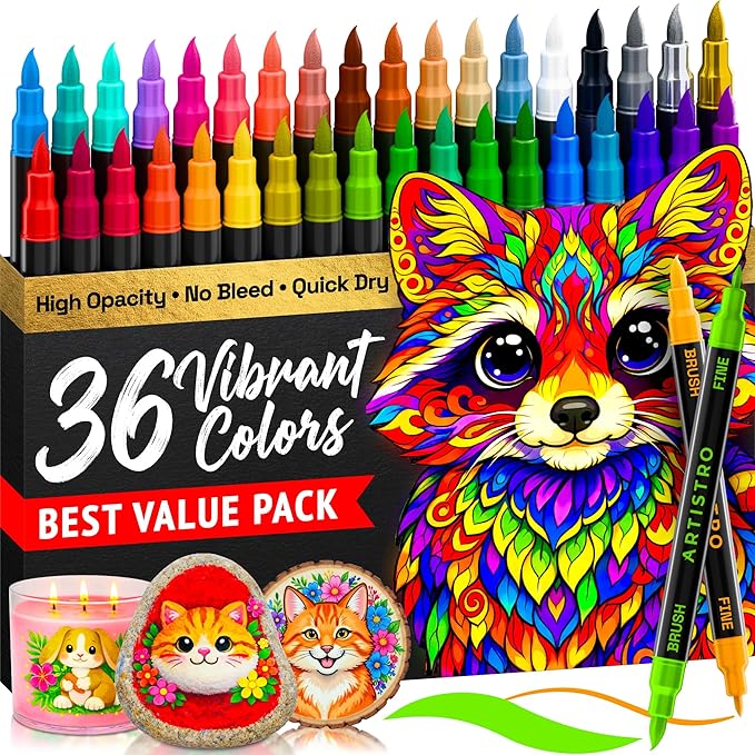 ARTISTRO 36 Acrylic Paint Markers - Paint Pens for Calligraphy, Brush + Fine Tips - For Fabric, Rock, Glass, Wood, DIY, Craft, Canvas - Art and Craft Supplies for Adults, Teens, Kids
