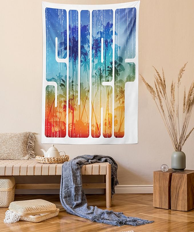Ambesonne Surf Tapestry Queen Size, Summer Theme Retro Letters That Reflect the Seacoast Palm Tree Extreme Sports Art, Wall Hanging Bedspread Bed Cover Wall Decor, 88" X 88", Navy Orange