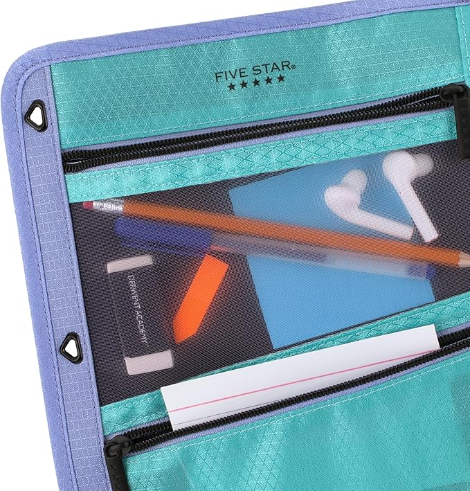 Five Star Pencil Pouch, Pen Case, 3-Pocket Zipper Pouch, Fits 3-Ring Binder, Storage Organizer for Classroom Supplies Earbuds Chargers Cables Makeup, Teal/Berry (500207F-ECM)