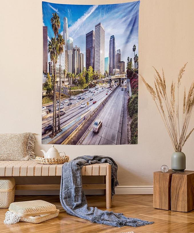 Ambesonne Travel Tapestry Queen Size, Downtown Cityscape of Los Angeles California USA Avenue Buildings Palms Print, Wall Hanging Bedspread Bed Cover Wall Decor, 88" X 88", Blue Grey Green