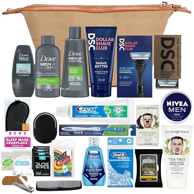 Convenience Kits International Men’s Super Premium 34 PC Travel Kit Featuring: Travel-Size Hair Care Products Plus Face, Body, Oral Care, Travel Essentials in Large Canvas Toiletry Bag (Khaki)