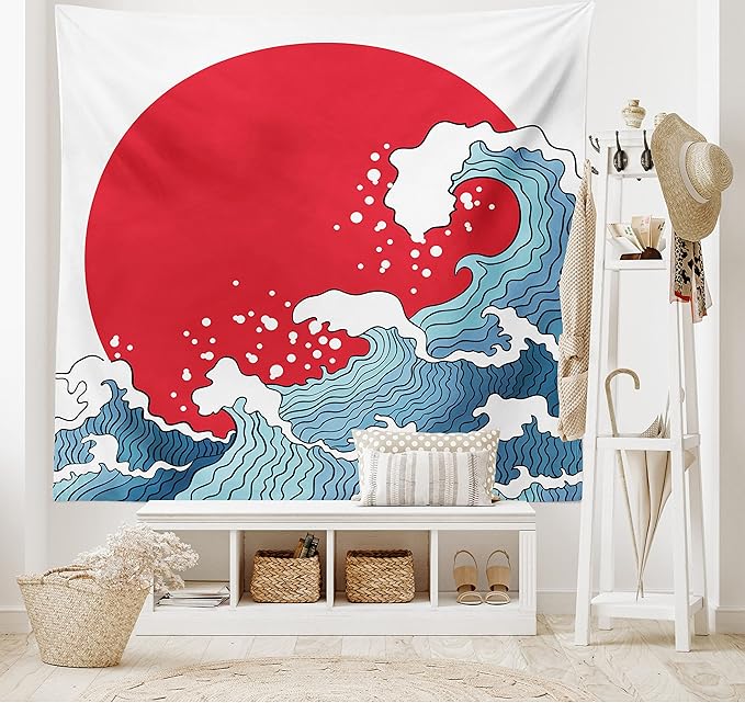 Ambesonne Japanese Wave Tapestry Twin Size, Big Red Sun Setting Scenery Tropical Nautical Tsunami Swirls, Wall Hanging Bedspread Bed Cover Wall Decor, Twin Size, Red Blue White