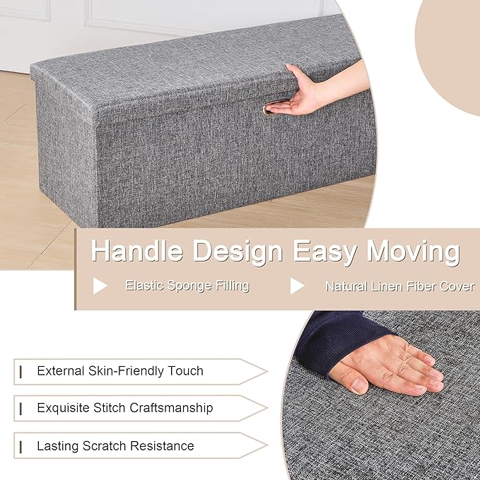 VECELO 43'' Folding Storage Ottoman Bench, End of Bed Linen Fabric Foot Rest Stool with Padded Seat, Large Footstools for Bedroom, Living Room, Load 660 lb, Grey