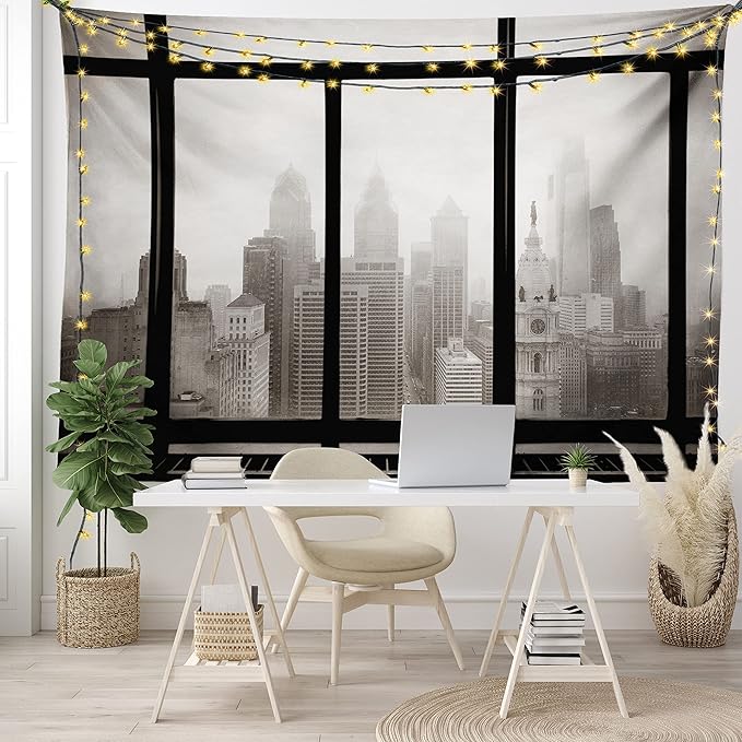 Ambesonne City Tapestry, Philadelphia City Rooftop View Through Window Skyline Landmark Rooftop Travel, Fabric Wall Hanging Decor for Bedroom Living Room Dorm, 28" X 23", Grey Black