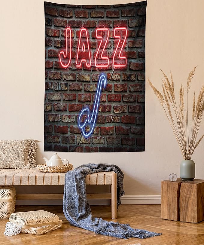 Ambesonne Music Tapestry Queen Size, Image of Alluring Neon All Jazz Sign Saxophone Instrument on Brick Wall Print, Wall Hanging Bedspread Bed Cover Wall Decor, 88" X 88", Red Blue