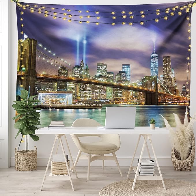 Ambesonne Landscape Tapestry, Manhattan Skyline with Brooklyn Bridge and Towers in NYC United States America, Fabric Wall Hanging Decor for Bedroom Living Room Dorm, 28" X 23", Purple Green