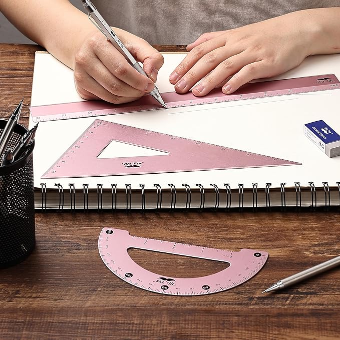 Mr. Pen- Geometry Set, 4 Pack, Light Pink, Metal Geometry Kit, Triangle Ruler, Metal Ruler, Drafting Triangles, Metal Protractor, Metal Set Square, Drafting Ruler, Drafting Set