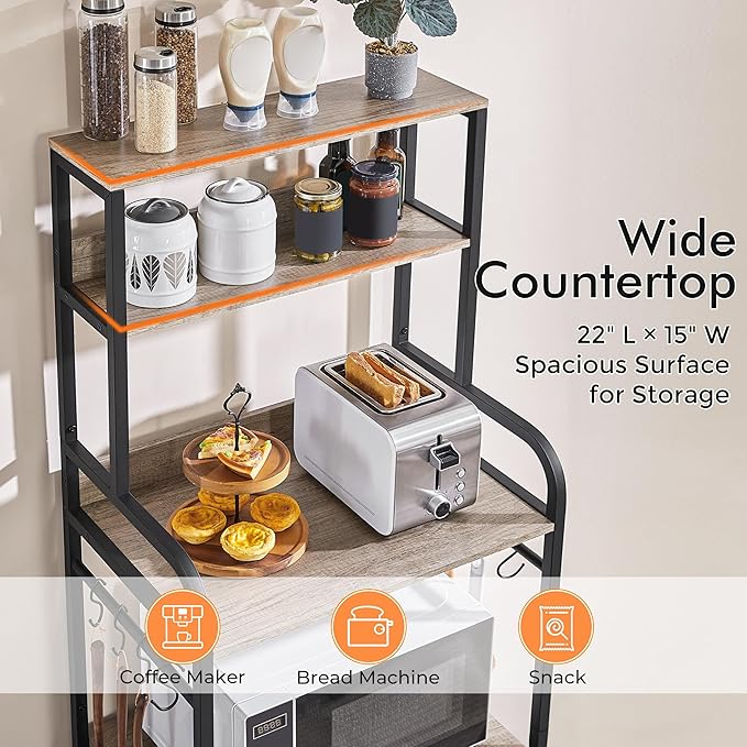 Yaheetech 4-Tier Kitchen Bakers Rack with Storage Cabinet and Hutch, Microwave Oven Stand Coffee Bar Pantry Cabinet with 8 S Hooks, Freestanding Kitchen Shelves Spice Rack, Gray