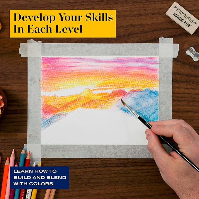 Prismacolor Technique Art Supplies and Digital Art Lessons Nature Drawing Set Level 2 Watercolor Pencils Brush Markers and More Sunset Landscape Drawing 27 Count