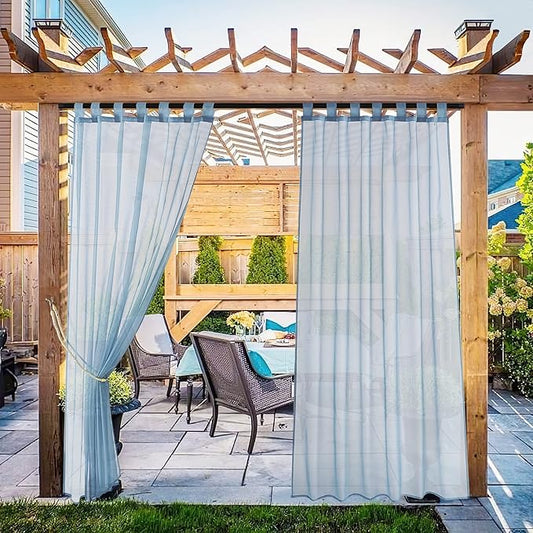 NICETOWN 2 Panels Outdoor Sheer Curtains for Patio Waterproof, Detachable Sticky Tab Top Elegant & Airy Sheer Lightweight Drapes for Pergola/Pool, Stone Blue, W54 x L108