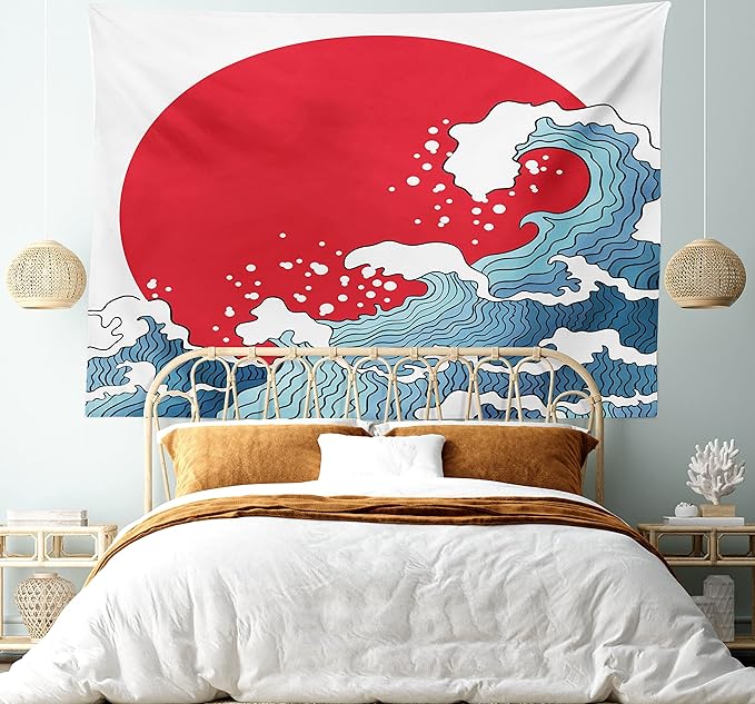 Ambesonne Japanese Wave Tapestry Queen Size, Big Red Sun Setting Scenery Tropical Nautical Tsunami Swirls, Wall Hanging Bedspread Bed Cover Wall Decor, Queen Size, Red Blue White