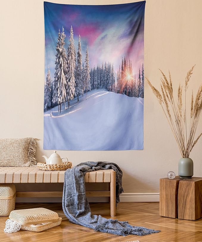 Ambesonne Winter Tapestry Twin Size, Idyllic Panorama of Winter Sunrise in Snow Covered Mountains Serenity Freshness, Wall Hanging Bedspread Bed Cover Wall Decor, 68" X 88", Pastel Lavender