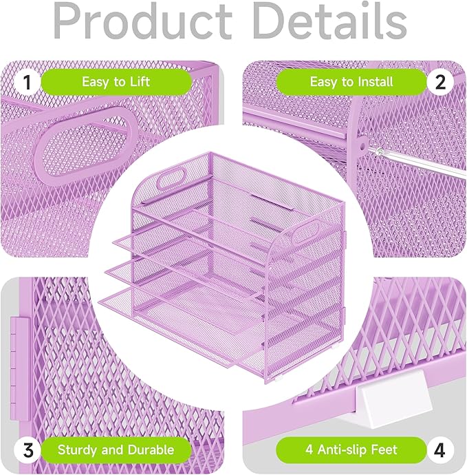 2 Pack 5 Tier Paper Organizer, Letter Tray with Handle, Mesh Desk Organizer, Metal File Organizer, Office Desk Accessories for Home, Office, Classroom, School -Purple