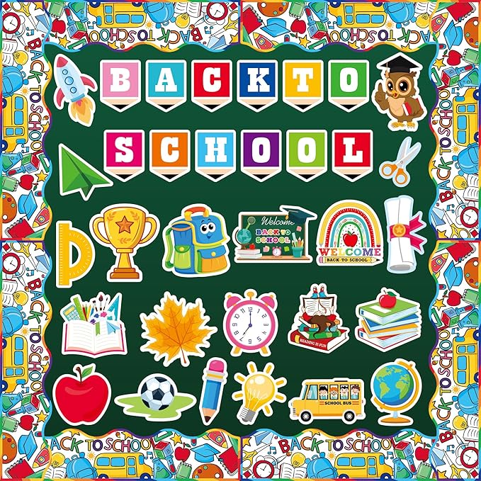 Back to School Decorations for Bulletin Board Set - 53 Pcs Back to School Cutouts First Day of School Themed Bulletin Board Border Wall Decals for Kindergarten Classroom Welcome School Party