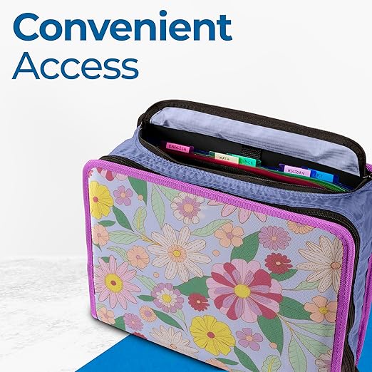 Case-it Mighty Zip Tab School Zipper Binder | 3-Inch O-Rings, 600-Sheet Capacity, 5-Subject Expanding File Folder, Multiple Pockets & Storage Organizer, Shoulder Strap | D-146 Morning Flowers