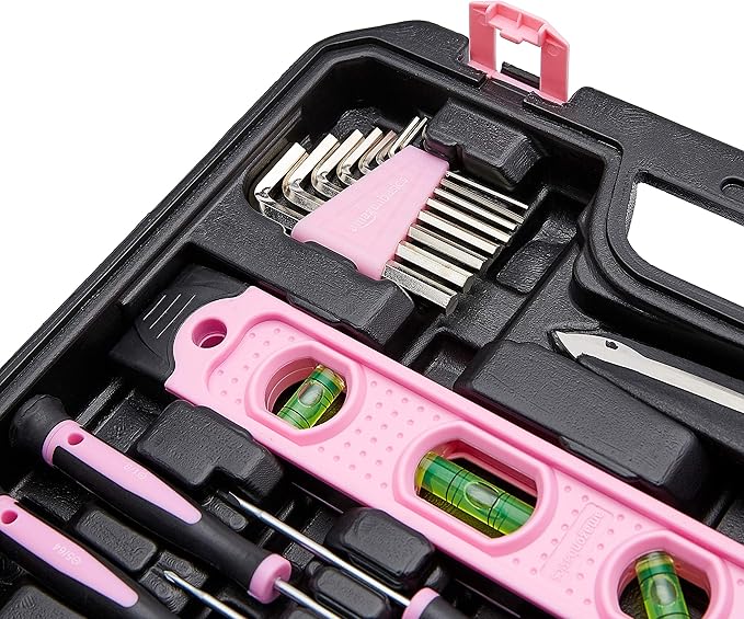 Amazon Basics 142-Piece Household Tool Kit for Home Repair,Hand Tools with Storage Case,13.39 x 9.25 x 2.95 inch,Pink,(Pack of 4)