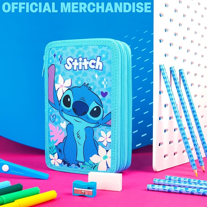 Disney Stitch Pencil Case for Girls Kids Tweens Colored Pencils Markers Pen Eraser Ruler Frozen School Supplies Stationary Gifts for Girls (Blue Stitch 2 Compartment)