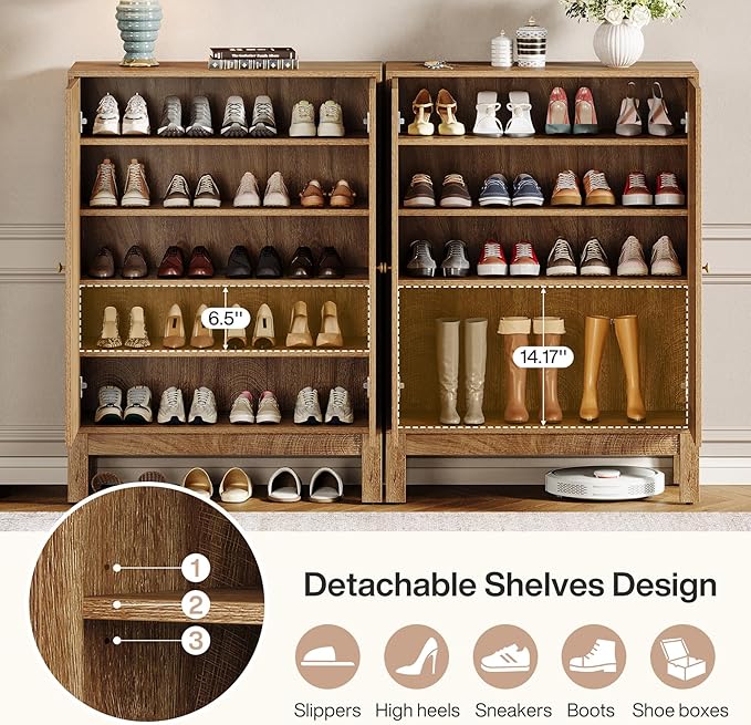 Tribesigns Shoe Cabinet with Doors, 5-Tier Shoe Storage Cabinet with Adjustable Shelves, 20 Pairs Wooden Shoe Rack Organizer, Narrow Shoe Cabinet for Entryway, Hallway, Closet, Rustic Brown, 2 Pcs