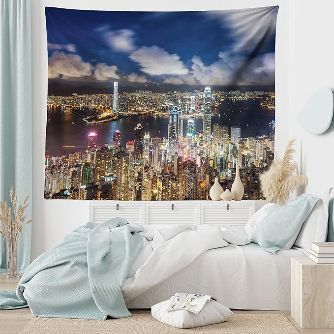 Ambesonne Cityscape Tapestry, Night View Hong Kong Victoria Harbor Business Financial District Cityscape Print, Fabric Wall Hanging Decor for Bedroom Living Room Dorm, 45" X 30", White Indigo