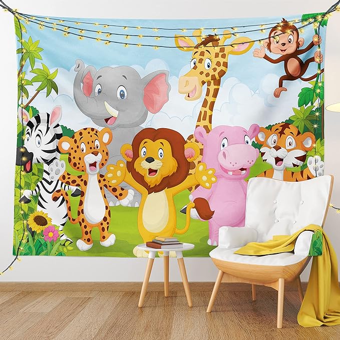 Ambesonne Cartoon Tapestry, Comic Savannah Animals Playful Friendly Savannah Jungle Happy Wildlife Nature, Fabric Wall Hanging Decor for Bedroom Living Room Dorm, 45" X 30", Green Brown