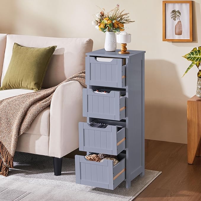 Yaheetech Bathroom Floor Cabinet, Wooden Side Storage Organizer, 4 Drawers Free-Standing Cabinet for Bathroom/Hallway/Living Room, Gray