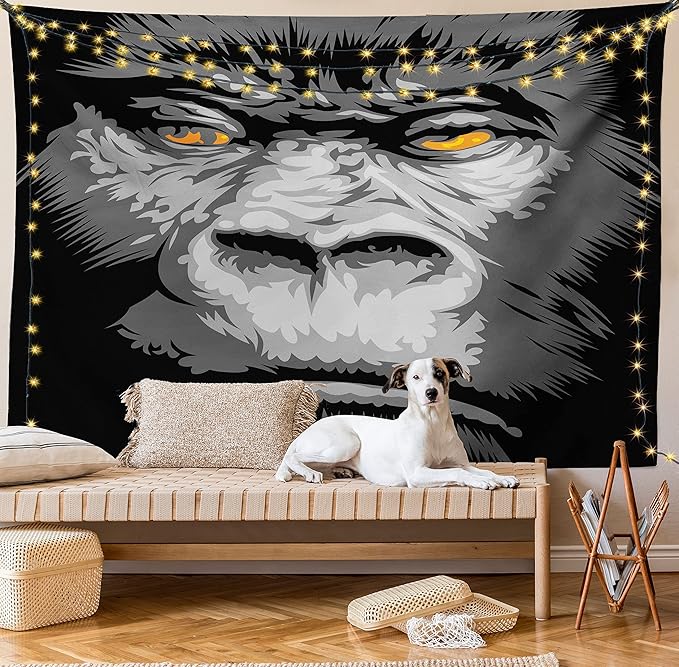 Ambesonne Modern Tapestry Twin Size, Close up Gorilla Portrait with Orange Eyes Zoo Jungle Animal Wild Money Graphic, Wall Hanging Bedspread Bed Cover Wall Decor, 68" X 88", Grey Marigold