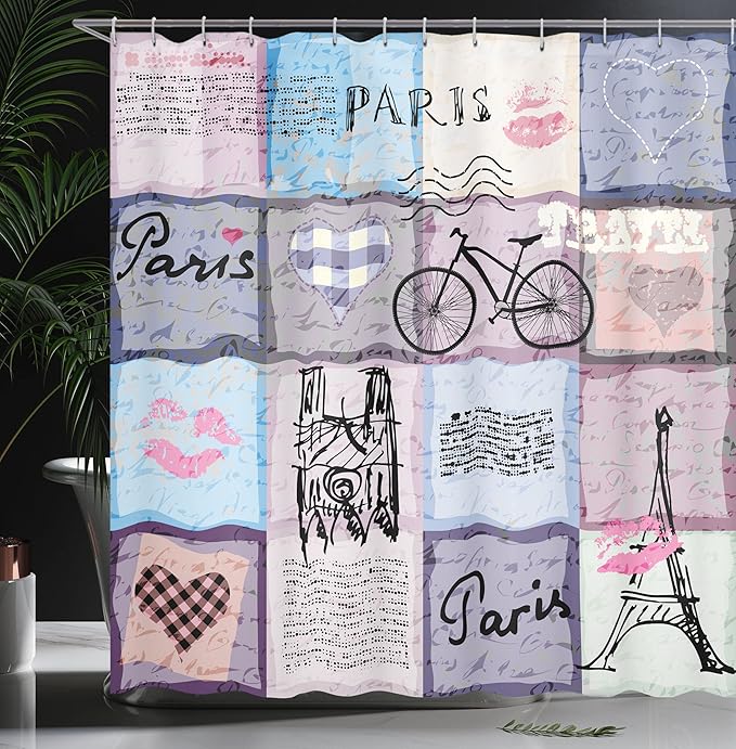 Ambesonne Paris Shower Curtain, Grunge Textured Retro Collage of France Famous Object Eiffel Tower Europe Theme, Cloth Fabric Bathroom Decor Set with Hooks, 69" W x 75" L, Multicolor Lilac