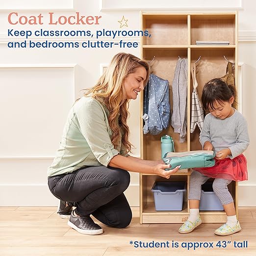 ECR4Kids 2-Section Coat Locker with Bench and Cubby Storage, Classroom Furniture, Natural