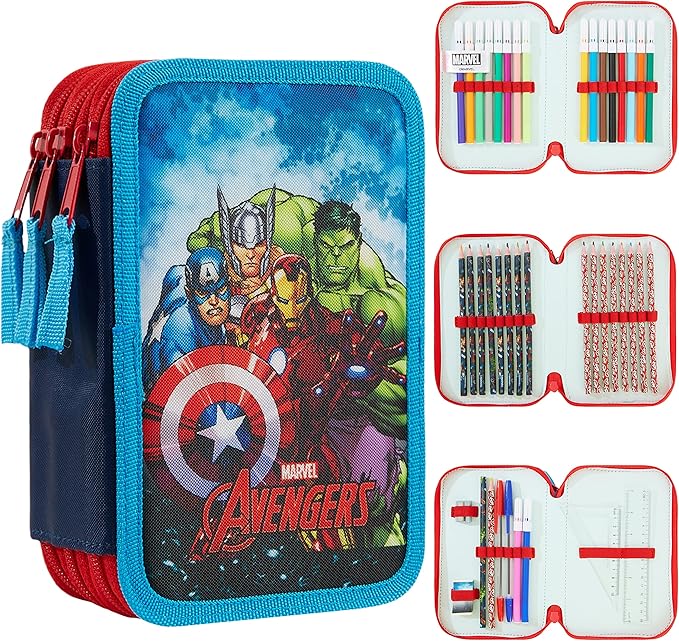 Marvel Boy's Pencil Case, Pencil Case with Compartments Filled School Supplies, Felt, Coloured Pencil, Spiderman Avengers Back to School Gift