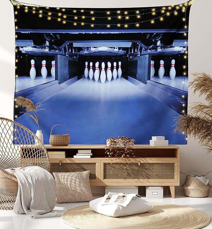 Ambesonne Bowling Party Tapestry, Symmetrical Bowling Pins on an Empty Alley Hobby Fun Challenge Theme, Fabric Wall Hanging Decor for Bedroom Living Room Dorm, 23" X 28", Blue White Red