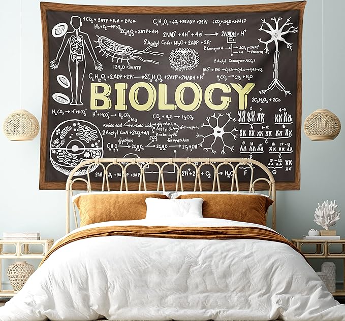 Ambesonne Science Tapestry, Chalkboard Biology Hand Written, Wide Wall Hanging for Bedroom Living Room Dorm, 60" X 40", Black Brown Pale Yellow