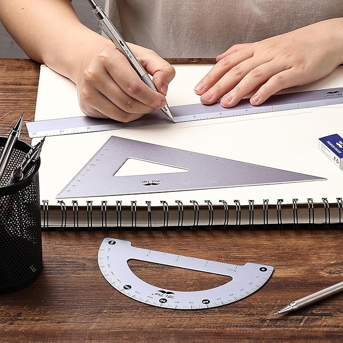 Mr. Pen- Geometry Set, 4 Pack, Periwinkle Gray, Metal Geometry Kit, Triangle Ruler, Metal Ruler, Drafting Triangles, Metal Protractor, Metal Set Square, Drafting Ruler, Drafting Set