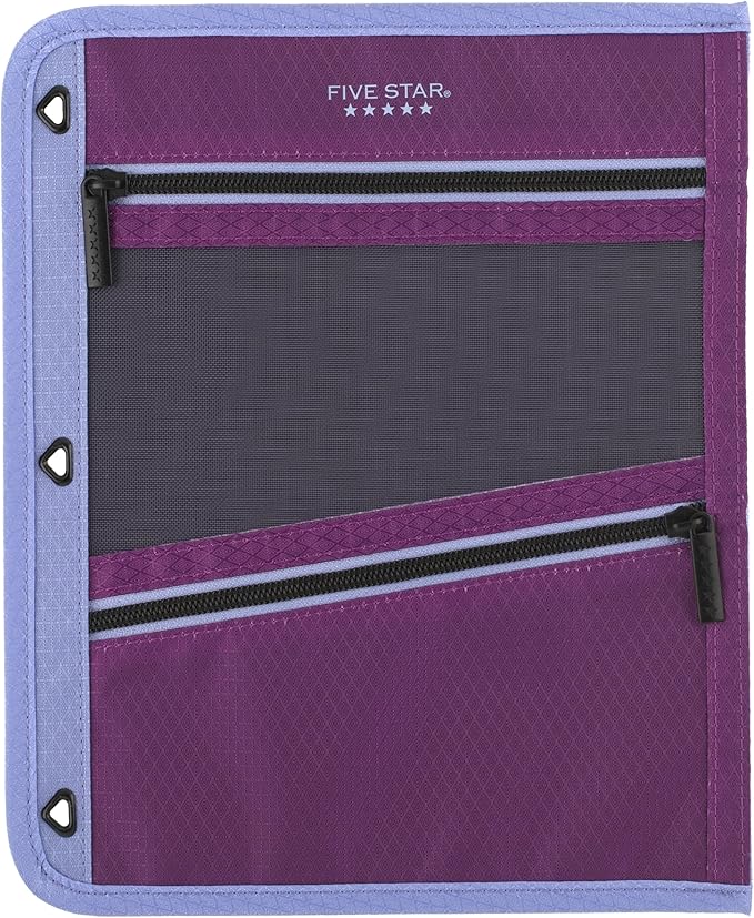 Five Star Pencil Pouch, Pen Case, 3-Pocket Zipper Pouch, Fits 3-Ring Binder, Storage Organizer for Classroom Supplies Earbuds Chargers Cables Makeup, Lilac/Berry (500208F-ECM)