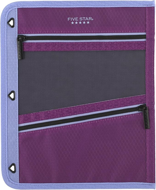 Five Star Pencil Pouch, Pen Case, 3-Pocket Zipper Pouch, Fits 3-Ring Binder, Storage Organizer for Classroom Supplies Earbuds Chargers Cables Makeup, Lilac/Berry (500208F-ECM)