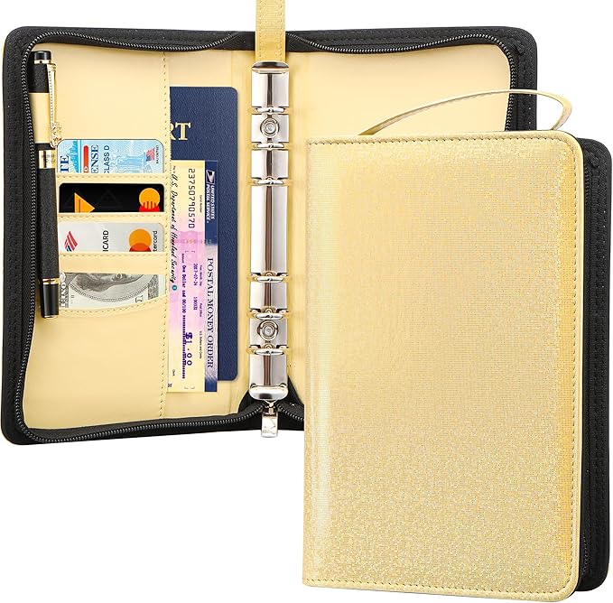 Toplive A6 Budget Binder with Zipper, 6 Ring Refillable Planner Binder Cover for A6 Cash Budget System, PU Leather Personal Organizer Personal Wallet Binder, Glitter Gold