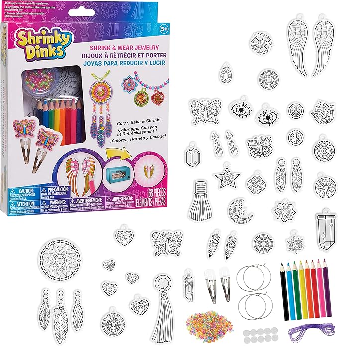 Just Play Shrinky Dinks 68-piece Jewelry Kit, Includes Beads, Barrettes, Elastic String and Earring Hoops, Easter Basket Fillers, Gifts, Presents, Kids Toys for Ages 5 Up