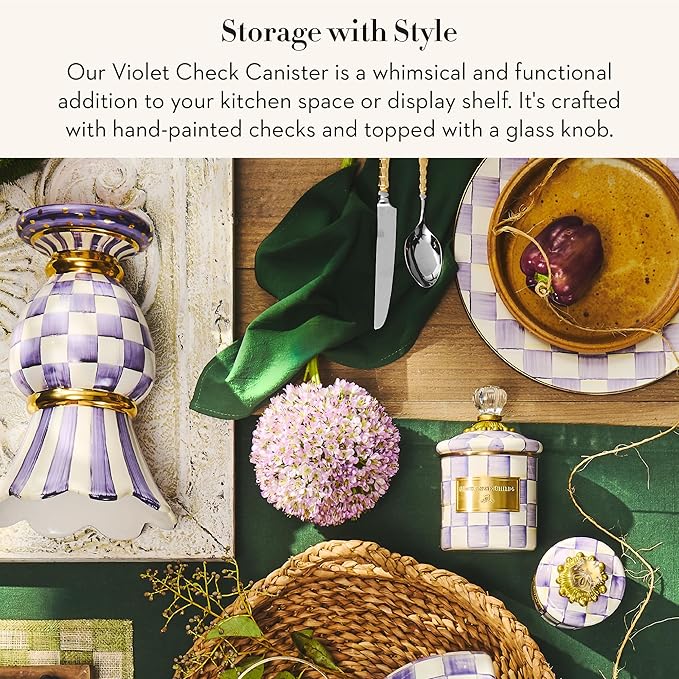 MACKENZIE-CHILDS Enamel Canister, Kitchen Storage Container with Lid, Mini, Purple-and-White Violet Check