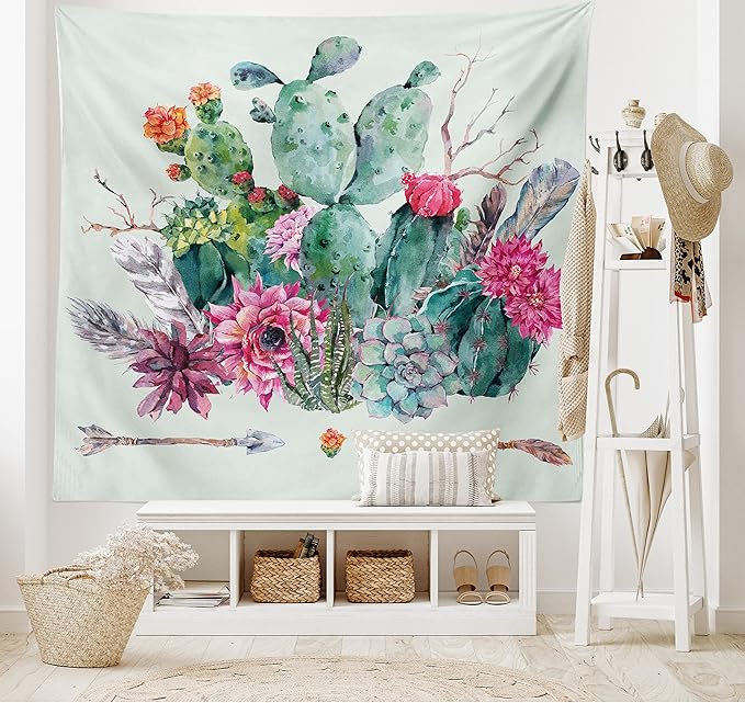 Ambesonne Cactus Tapestry, Spring Garden Boho Style Bouquet of Thorny Plants Blossoms Arrows Feathers, Wide Wall Hanging for Bedroom Living Room Dorm, 60" X 40", Rose Green Brown
