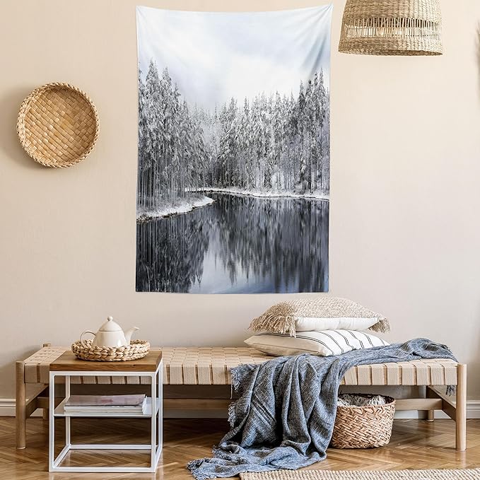 Ambesonne Woodland Tapestry Queen Size, Lake Surrounded by Snow Covered Trees on a Cold Winter Day in Finland Reflections, Wall Hanging Bedspread Bed Cover Wall Decor, 88" X 88", White Brown