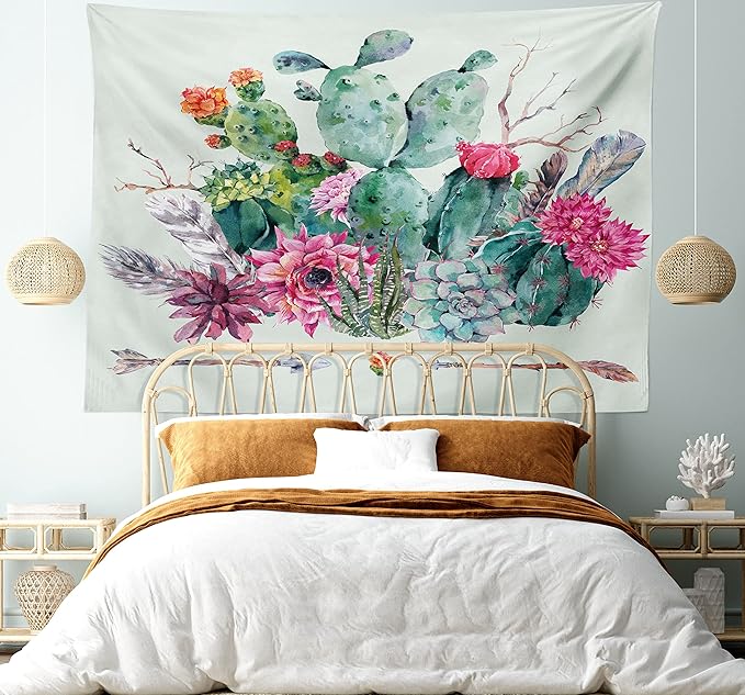 Ambesonne Cactus Tapestry, Spring Garden Boho Style Bouquet of Thorny Plants Blossoms Arrows Feathers, Wide Wall Hanging for Bedroom Living Room Dorm, 60" X 40", Rose Green Brown