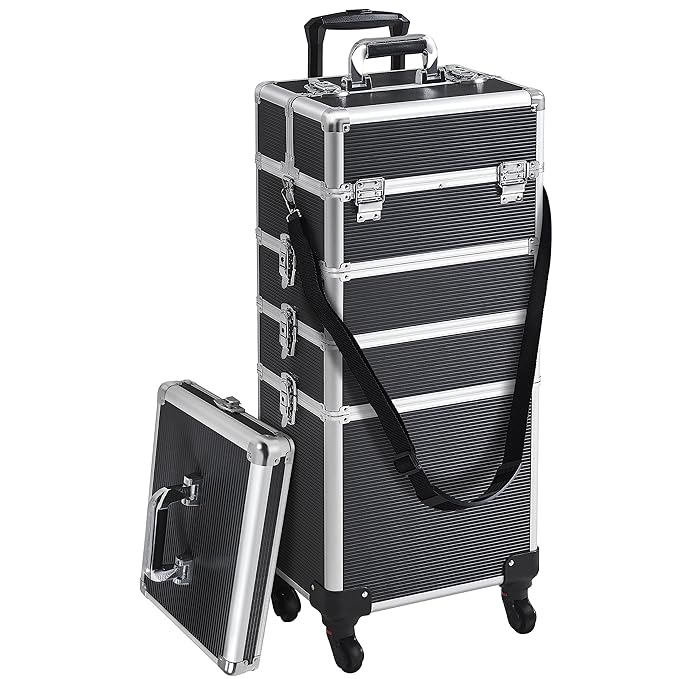 Yaheetech Professional Makeup Train Case 5 in 1 Cosmetology Case on Wheels Aluminum Beauty Travel Case Rolling Cosmetic Organizers & Storage Black