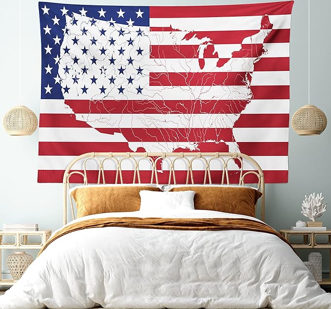 Ambesonne American Flag Tapestry, America Continent Shaped Flag Martial Design International World Glory Print, Fabric Wall Hanging Decor for Bedroom Living Room Dorm, 28" X 23", Indigo Red