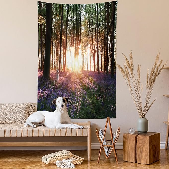 Ambesonne Forest Tapestry Twin Size, Bluebell Woods Sunrise with White Rabbit Sunny Spring Day in Woodland, Wall Hanging Bedspread Bed Cover Wall Decor, 68" X 88", Purple Green