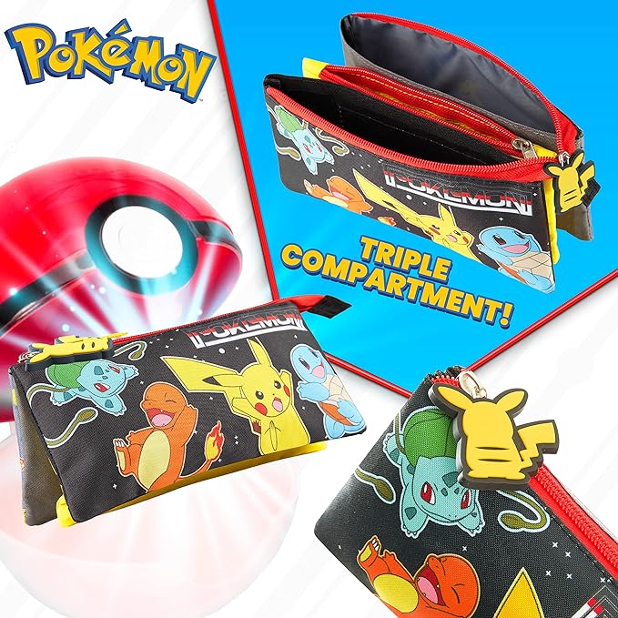 Pokemon Pencil Case for Boys and Girls Stationery Three Compartments Pencil Pouch School Supplies Stationary Pikachu Anime Gifts for Kids