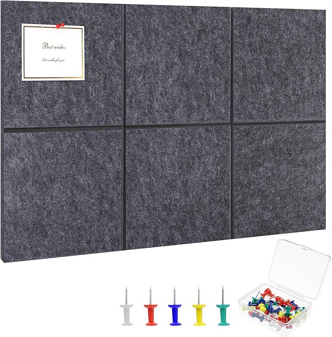 Large Cork Board 28" x 19", 6 Pack Felt Bulletin Board with Pushpins, Cork Boards Alternative with Self-Adhesive Strips, Felt Wall Tiles Pin Boards for Walls Office Home School Decor-Dark Gray