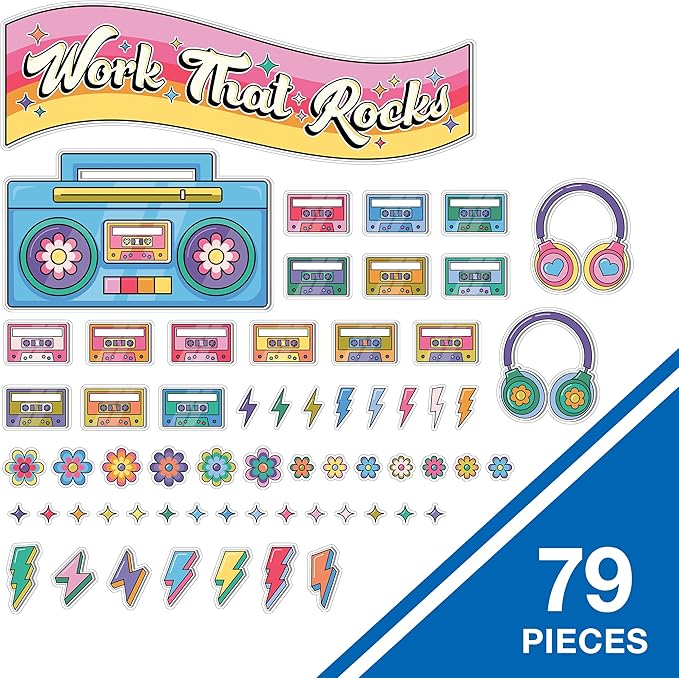 Happily Ever Elementary Retro Remix 79-Piece Work That Rocks Motivational Bulletin Board Set, Boombox, Cassette Tapes, Headphone, Flowers and More Groovy Bulletin Board Decorations for Classroom Decor
