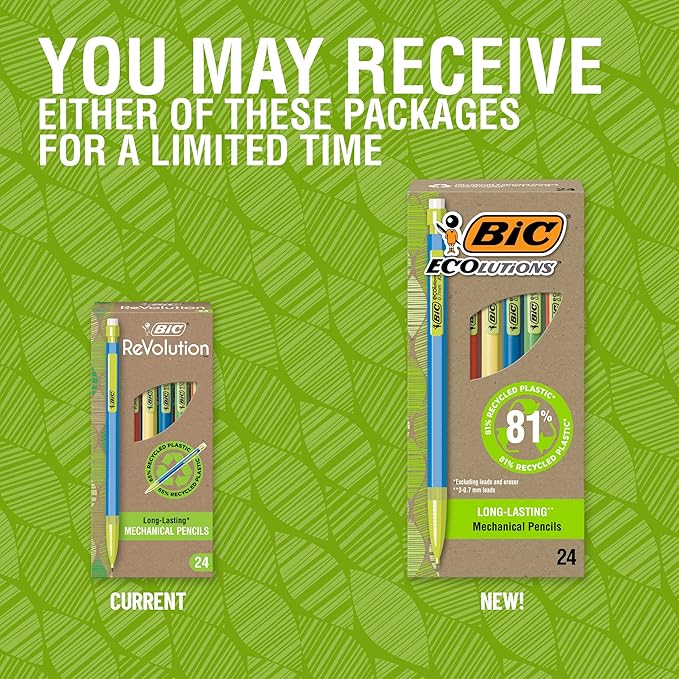 BIC Ecolutions Mechanical Pencils with Erasers, With Colorful Barrel, Medium Point (0.7mm), 24-Count Pack, Mechanical Pencils Made from 81% Recycled Plastic Excluding Leads and Erasers