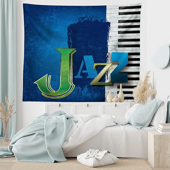 Ambesonne Jazz Music Tapestry King Size, Abstract Cracked Background Piano Keys Themed Print Rhytym Image, Wall Hanging Bedspread Bed Cover Wall Decor, 104" X 88", Navy Green White