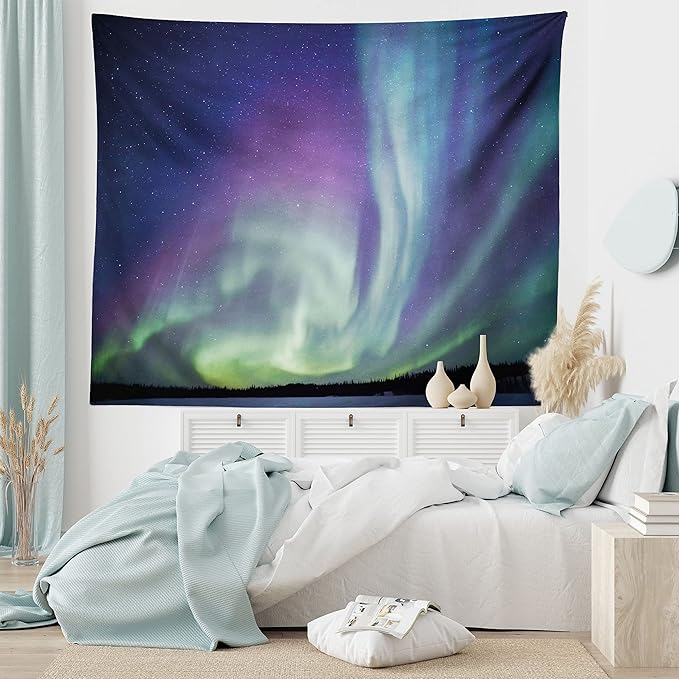 Ambesonne Aurora Borealis Tapestry, Exquisite Atmosphere Solar Starry Sky Calming Night Image, Fabric Wall Hanging Decor for Bedroom Living Room Dorm, 28" X 23", Dark Blue Mint Green