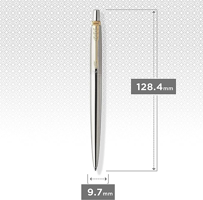 Parker Jotter Ballpoint Pen, Stainless Steel with Golden Trim, Medium Point, Blue Ink, Gift Box - Smooth Writing, Sleek, Polished, Professional, Desk Essentials